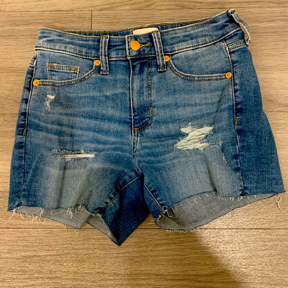 High rise midi distressed jean shorts